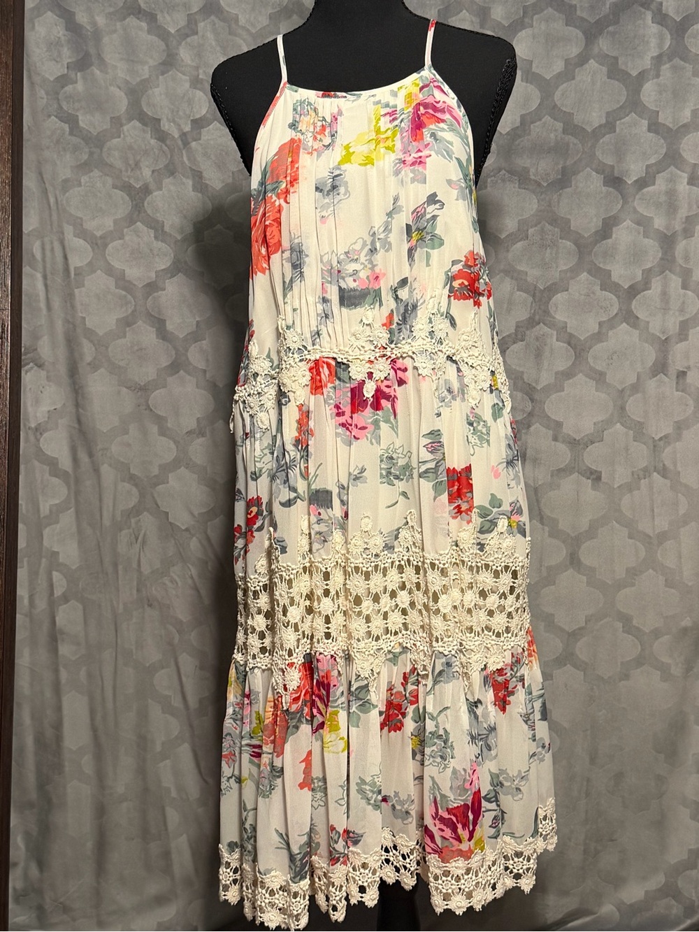 Ranna Gill White Midi Dress with Multicolor Floral Print and Crochet Trim - Picture 8 of 8